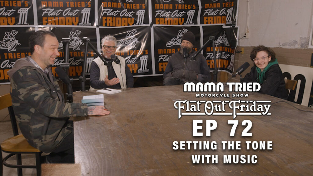 the Mama Tried podcast team sitting at the recording table